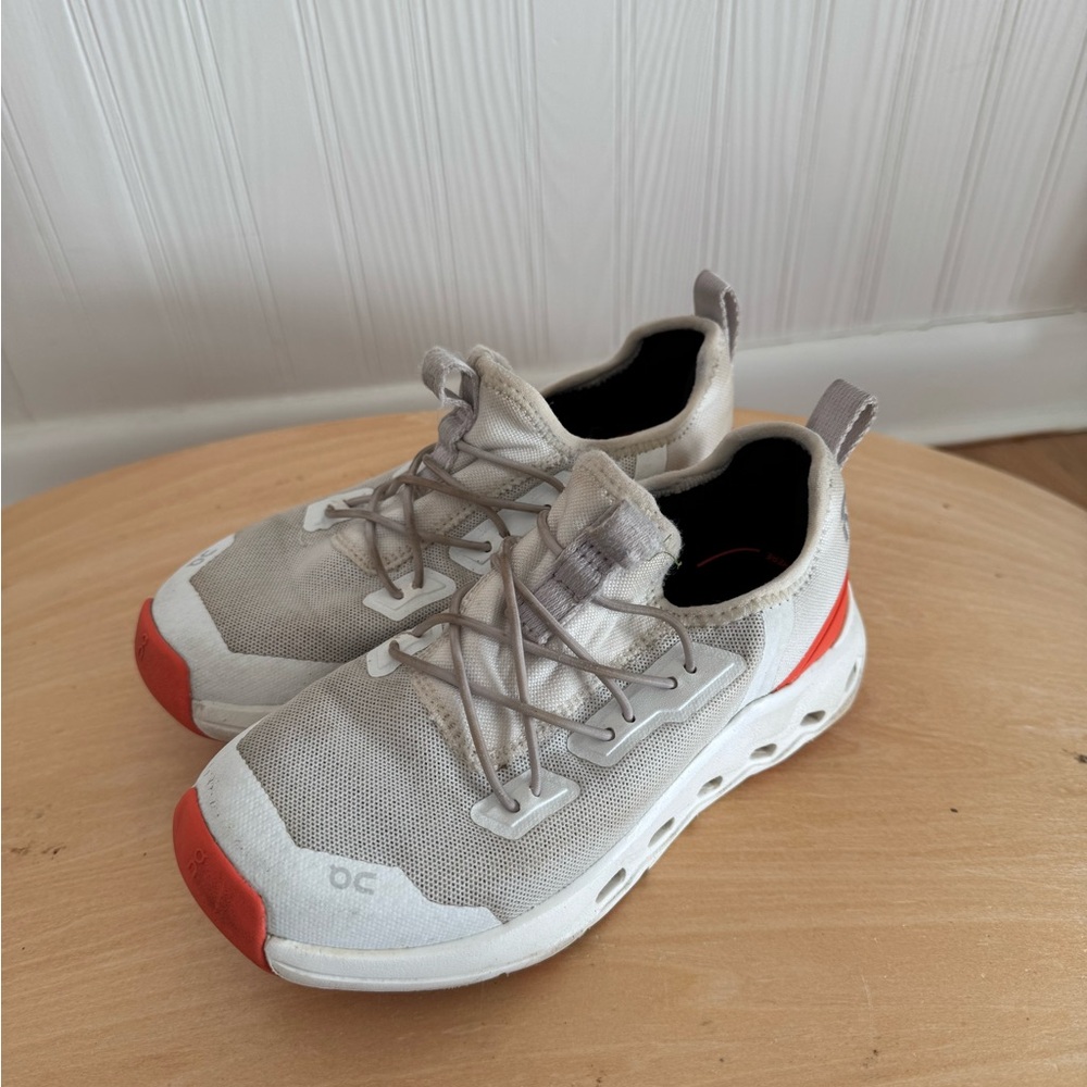 On Cloud White Gray and Orange Sneakers